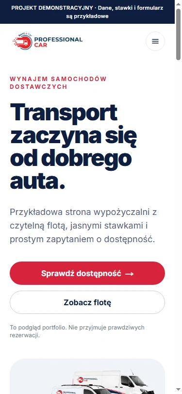 Strona ProfessionalCar na telefonie